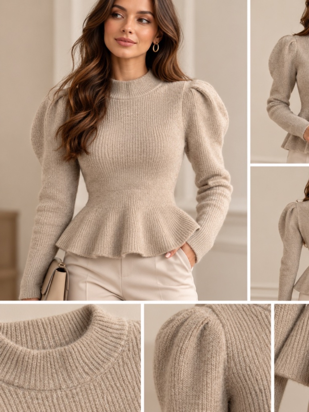 H&M Alpaca Blend Peplum Sweater Puff Sleeve Beige Women’s Medium
